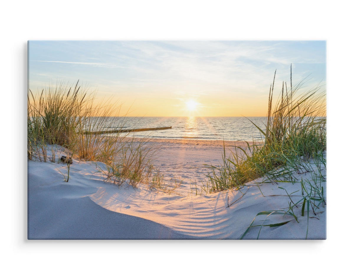 LEINWANDBILD Sonnenaufgang Meer 70x50 Natur Strand Wanddekoration Wohnzimmer - Blau/Beige, Holz/Textil (70/50cm) - Muralo