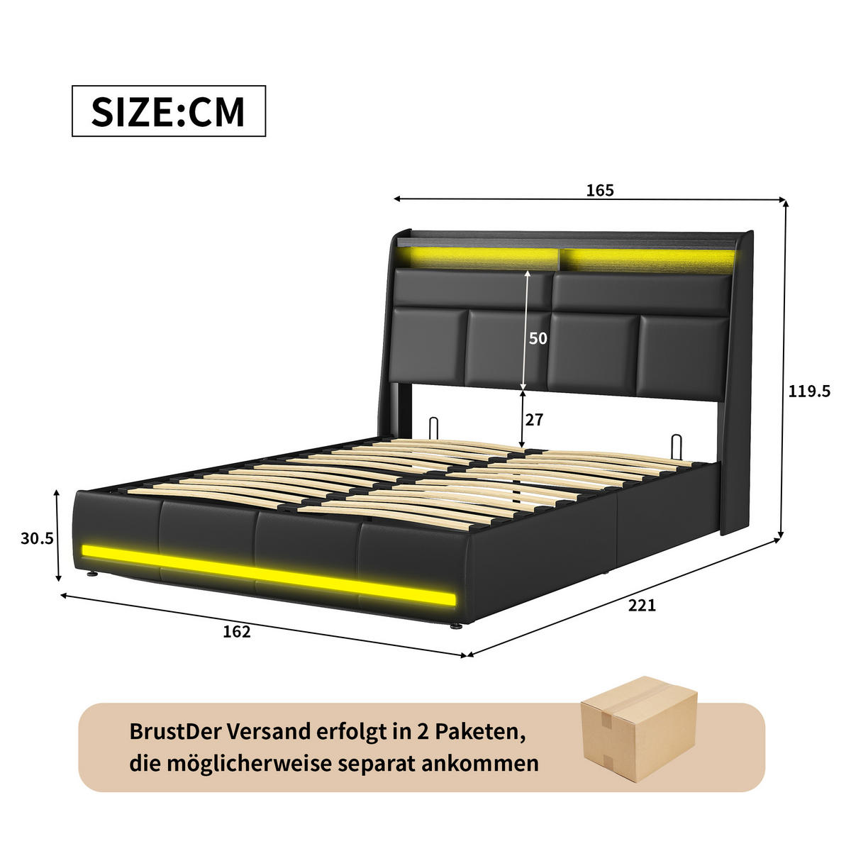 POLSTERBETT 160x200 cm, Schwarz, Doppelbett mit LED-Beleuchtung - Schwarz, Textil/Metall (160/200cm)