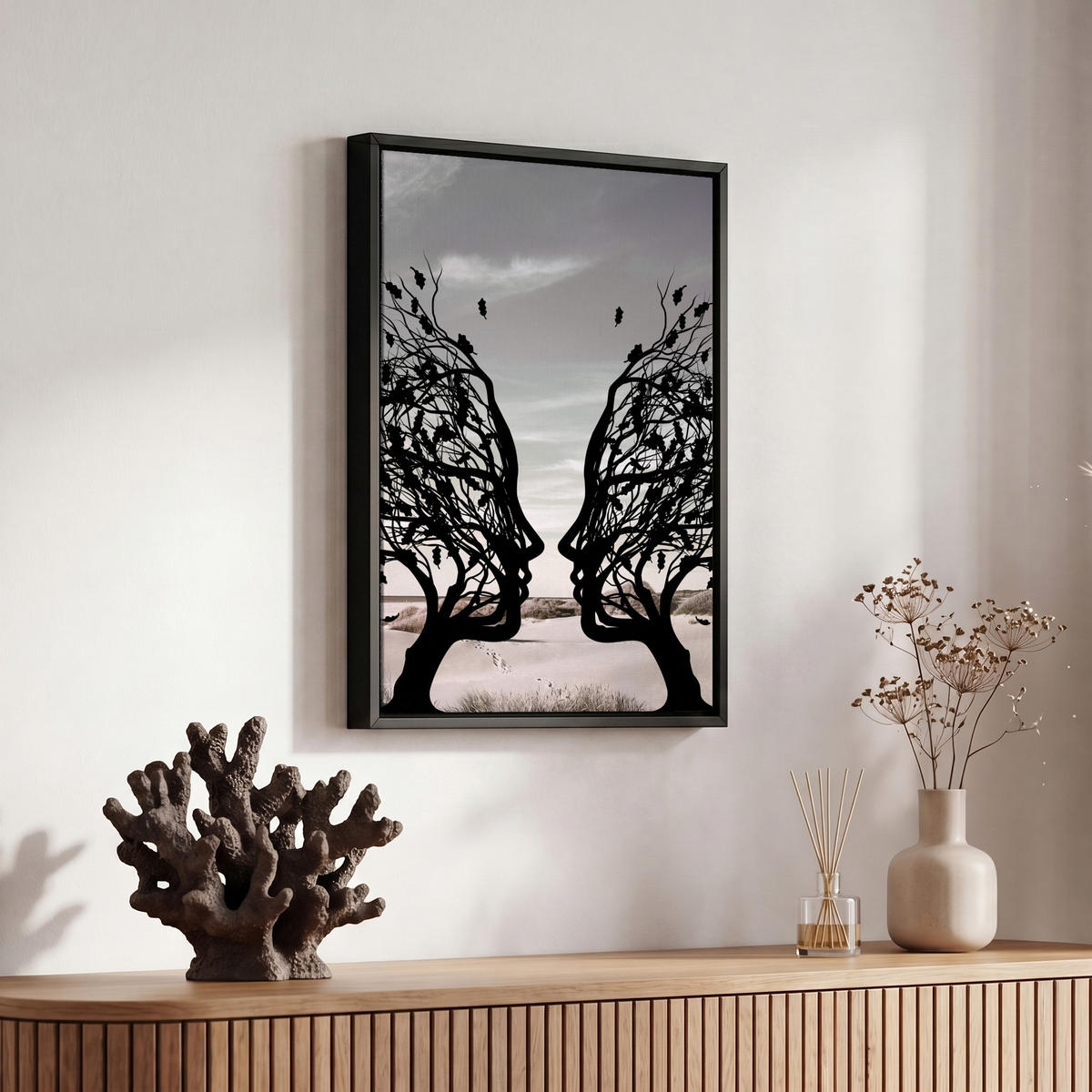 LEINWAND Bilder mit Rahmen - Strand - Meer - Menschen - Baum - Moderne Kunst - 20x30 - Hellgrau, Textil (20/30cm) - MuchoWow