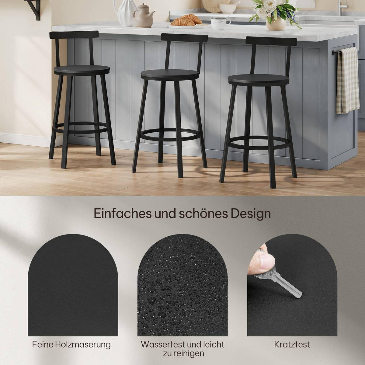 BARHOCKER 6er Set mit Lehne, Schwarz - Schwarz, Holzwerkstoff/Metall (51.5/89/51.5cm) - Woltu