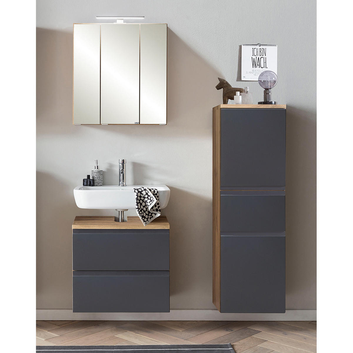 BADMÖBEL-SET 3-TLG. Vasto-03 - Grau, Holzwerkstoff (115/200/35cm) - Lomado