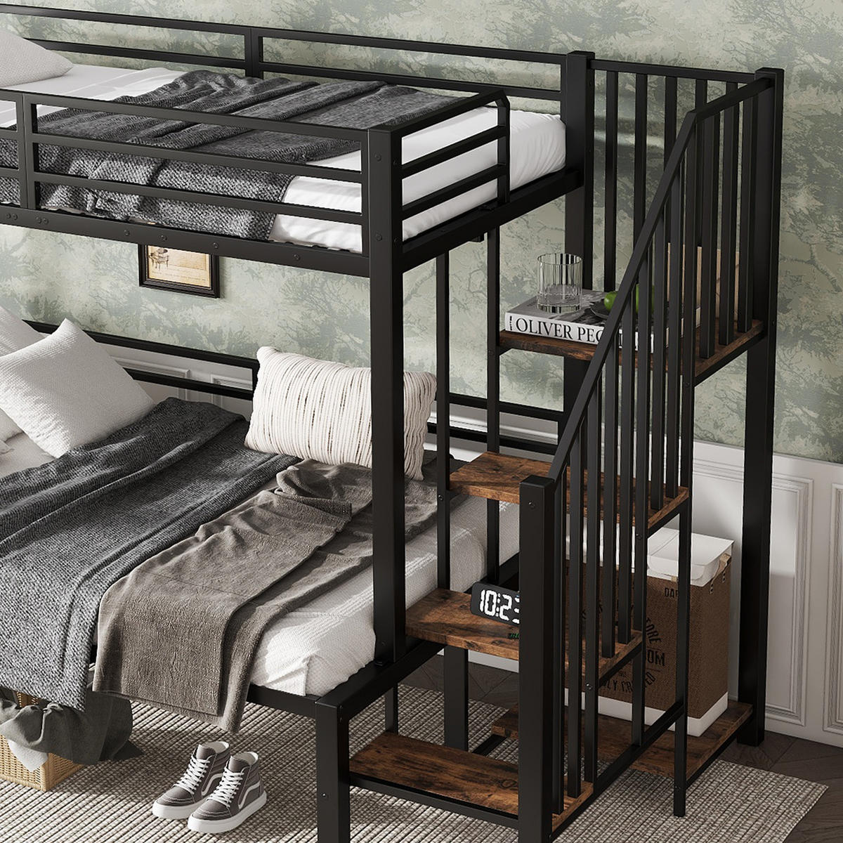 ETAGENBETT 90/200 cm und 120/200 cm Schwarz mit Eckleiterschrank aus Eisen und MDF - Schwarz, Holzwerkstoff (90/200cm) - OKWISH