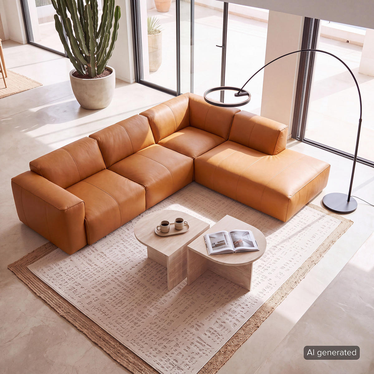 3-SITZER ECKSOFA mit Recamiere - Cognac/Schwarz, Leder/Kunststoff (295/231cm) - home24
