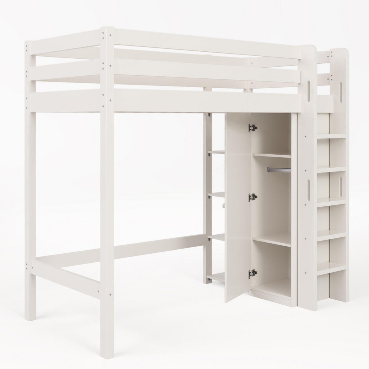 HOCHBETT 90/200 cm in Weiß mit Kleiderschrank und 6 Regalen - Weiß, Holzwerkstoff (90/200cm) - Flora Grace