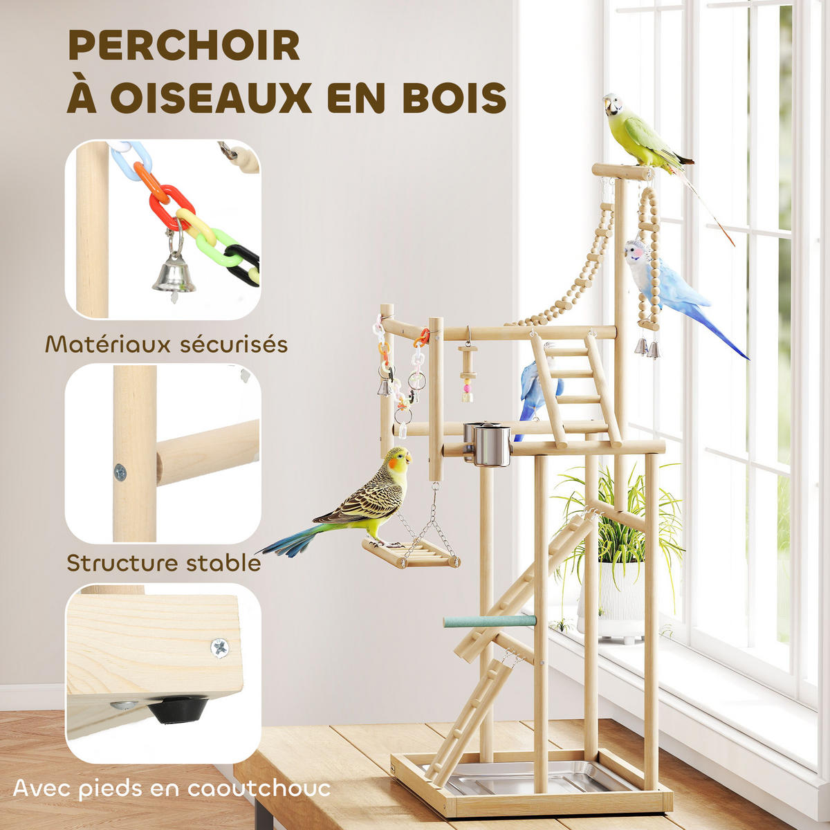 VOGELSPIELPLATZ DE-17841 4 Ebenen mit Leiter & Schaukel Natur - Naturfarben, Holz (38/95/48cm) - ComfortXL