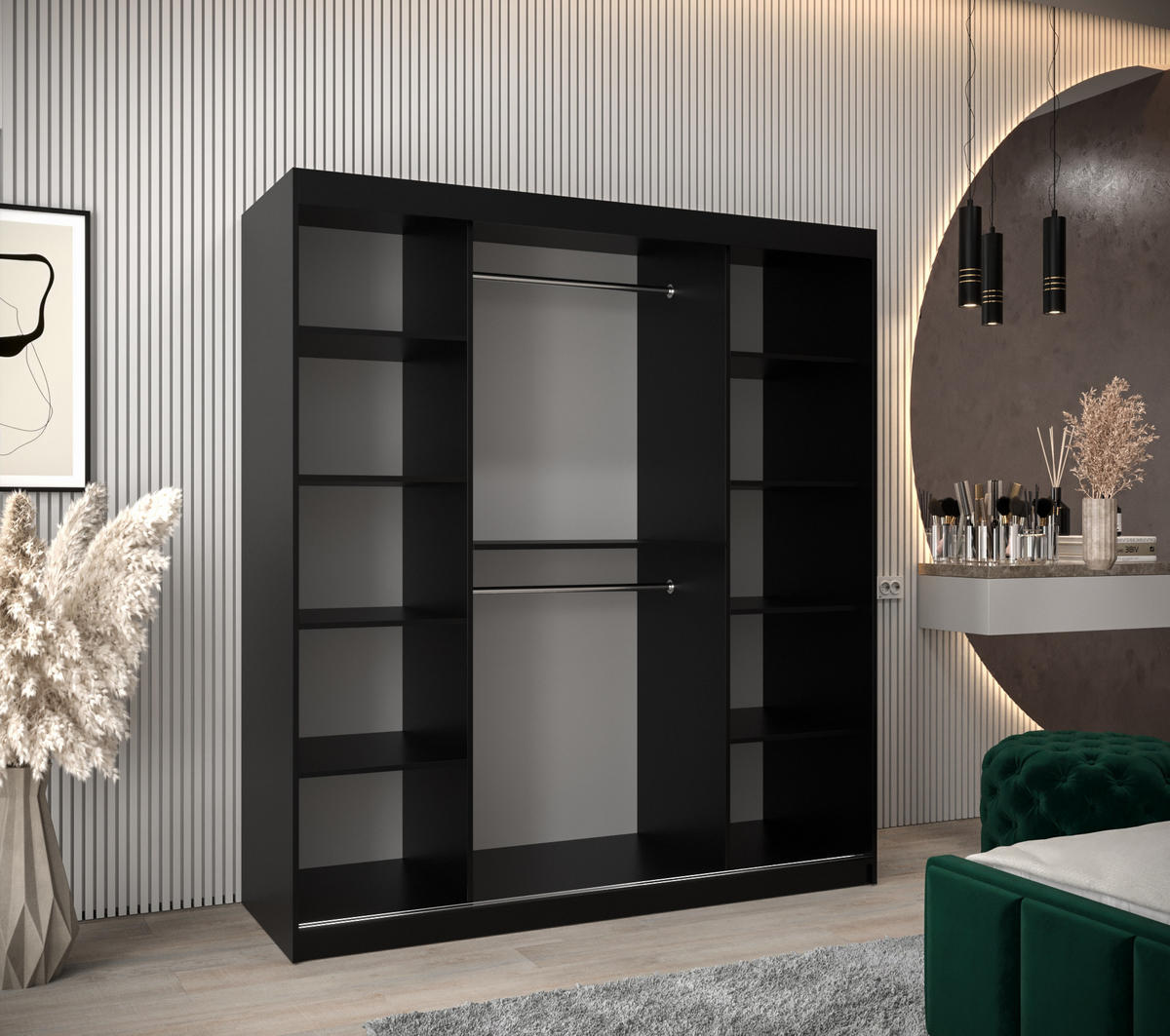SCHWEBETÜRENSCHRANK 200/180/62 2-türig - Schwarz, Holz/Kunststoff (180/200/62cm) - Abiks Möbel