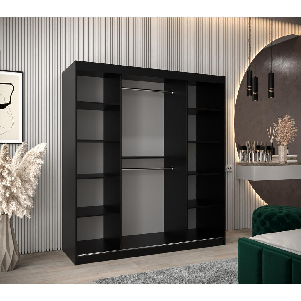 Thumbnail - Abiks Möbel Schwebetürenschrank, Schwarz, Weiß, Kunststoff, Nachbildung, 9 Fächer, 180x200x62 cm, Schlafzimmer, Kleiders...