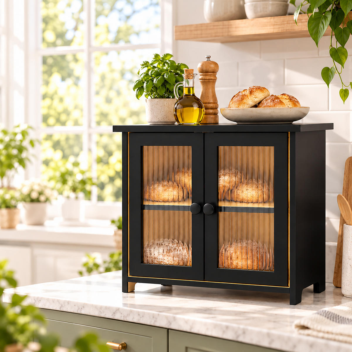 BROTKASTEN Schwarz Bambus 2 Etagen Sichtfenster - Schwarz, Holz/Kunststoff (36/34/22cm) - Relaxdays