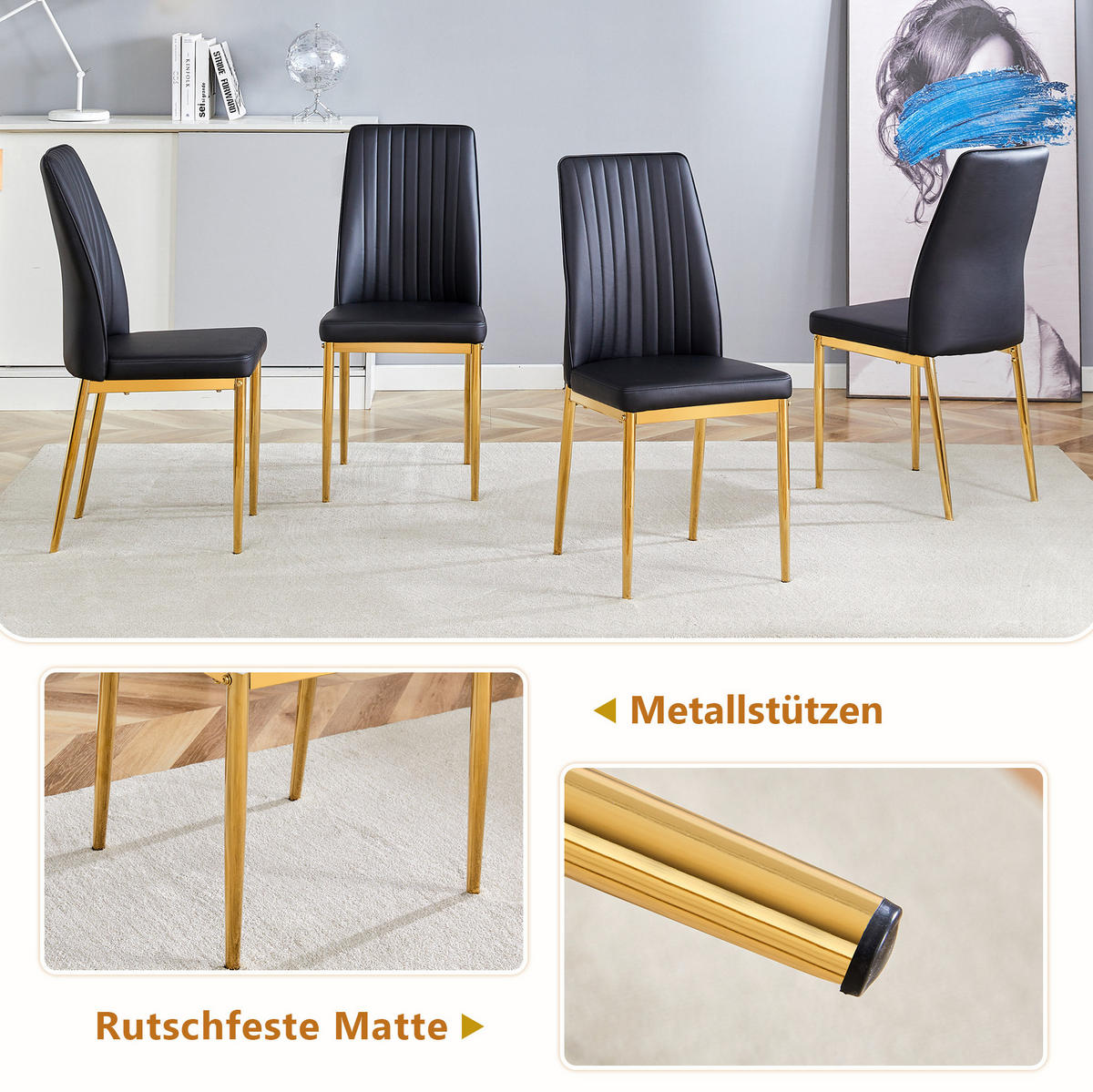ESSTISCH-SET 4er-Set 160 cm Schwarz/Gold - Schwarz, Metall (90/76/160cm) - Meubliv