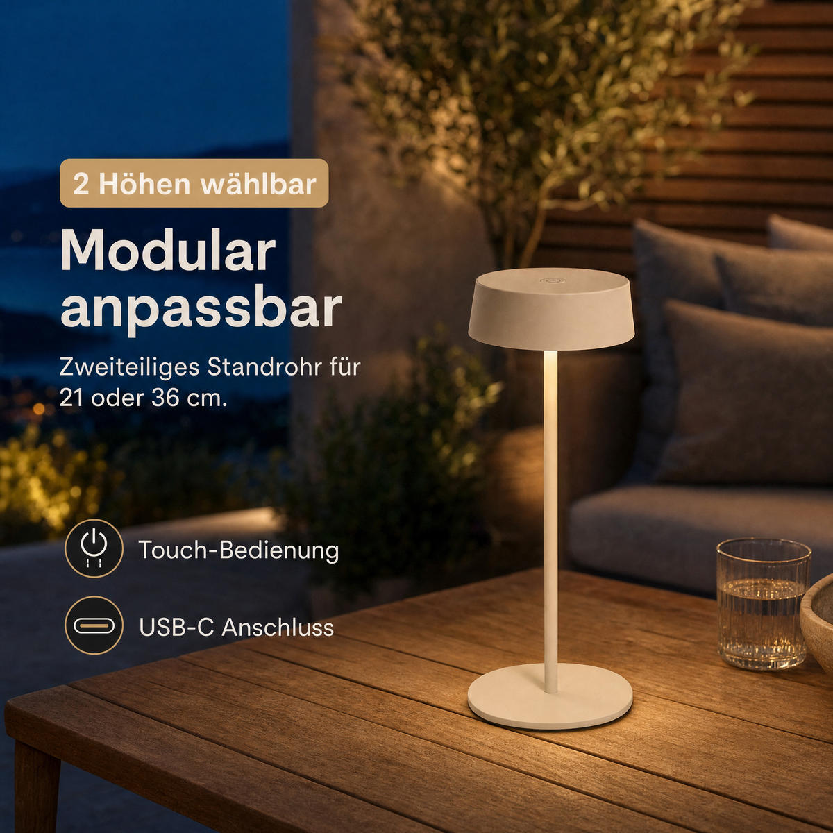 LED-TISCHLEUCHTE - dimmbar, kabellos, IP54, Metallgehäuse, für Innen- und Außenbereich, beige, höhenverstellbar - Beige, Metall (13.5/13.5/36cm) - Northpoint