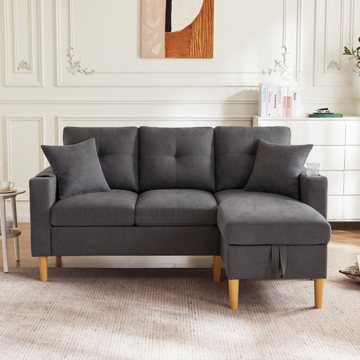 ECKSOFA Baumwoll-Leinen mit Stauraum und Getränkehaltern 175/129/90 cm Dunkelgrau inklusive 2 Kissen - Dunkelgrau, Textil (175/129cm) - Redom