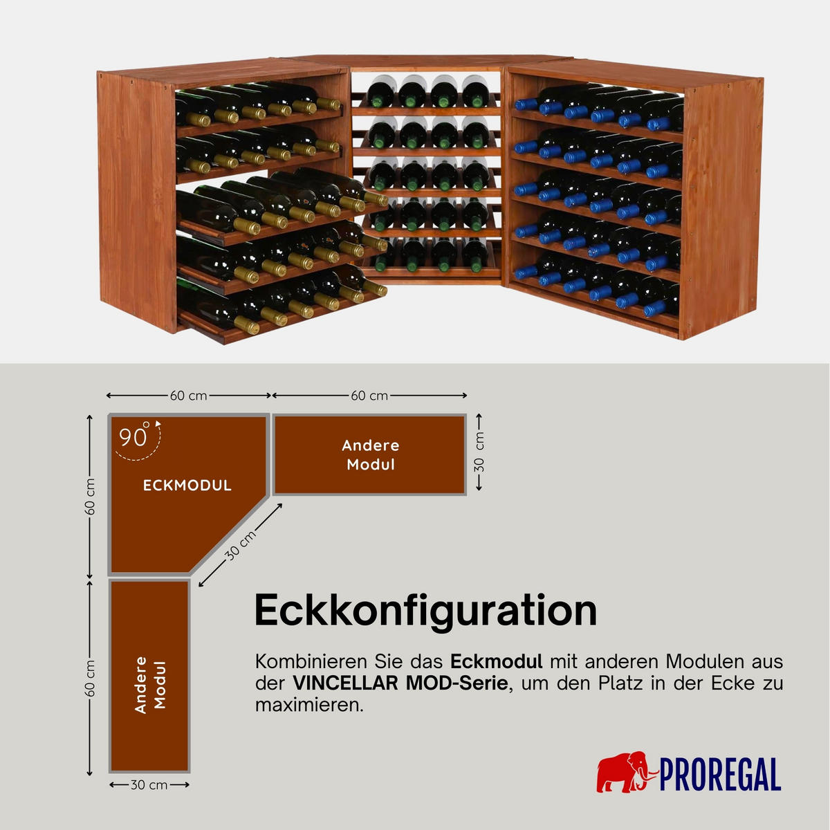WEINREGAL Vincellar Mod 60x30x30 cm Eckmodul Für 18 Flaschen Massives Kiefernholz Braun Geölt - Braun, Holz (30/60/30cm) - PROREGAL