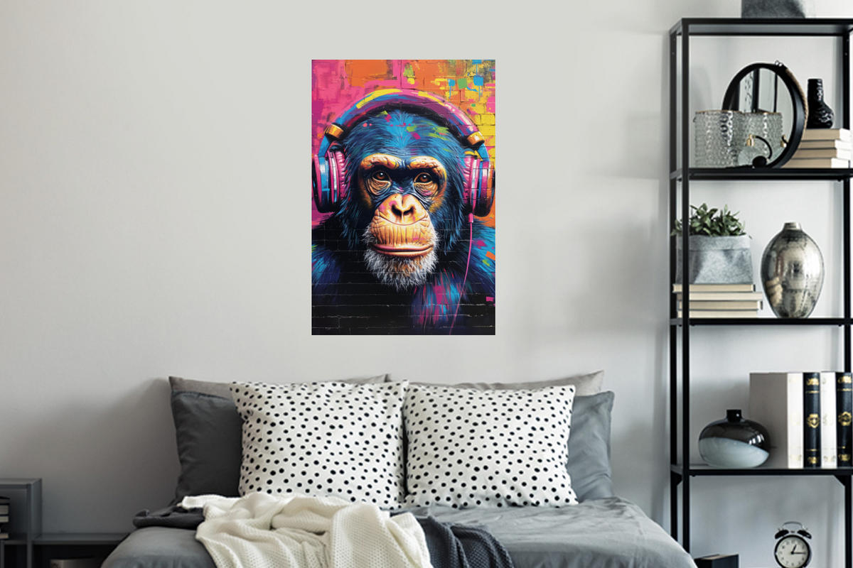 WANDTATTOO Graffiti - Schimpanse - Straßenkunst - Kopfhörer - Affe 40x60 cm - Blau, Kunststoff (40/60/0.1cm) - MuchoWow