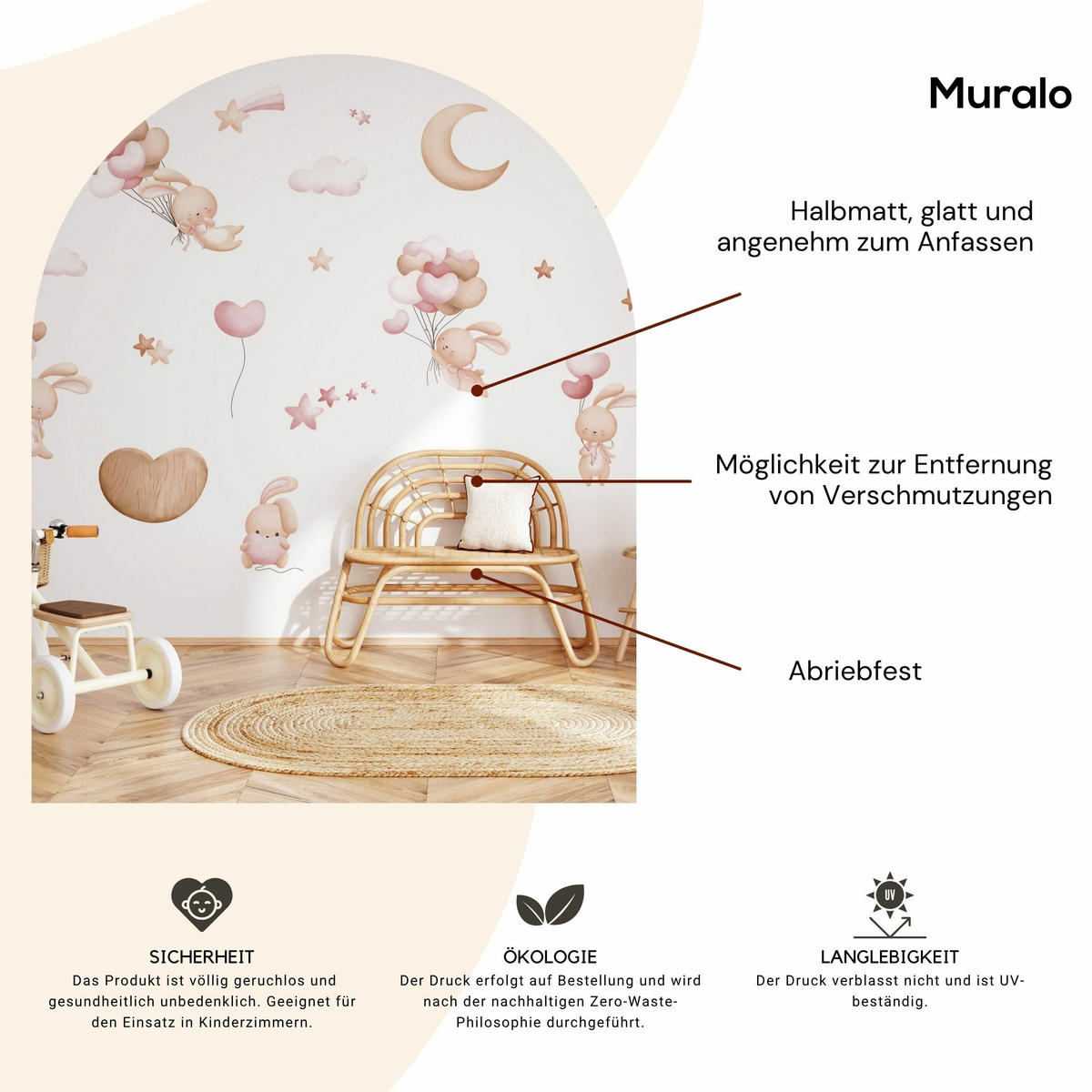 STICKER SET für Kinder Kaninchen Herzen Ballons Sterne 120x60 - Beige/Rosa, Papier (120/60/1cm) - Muralo