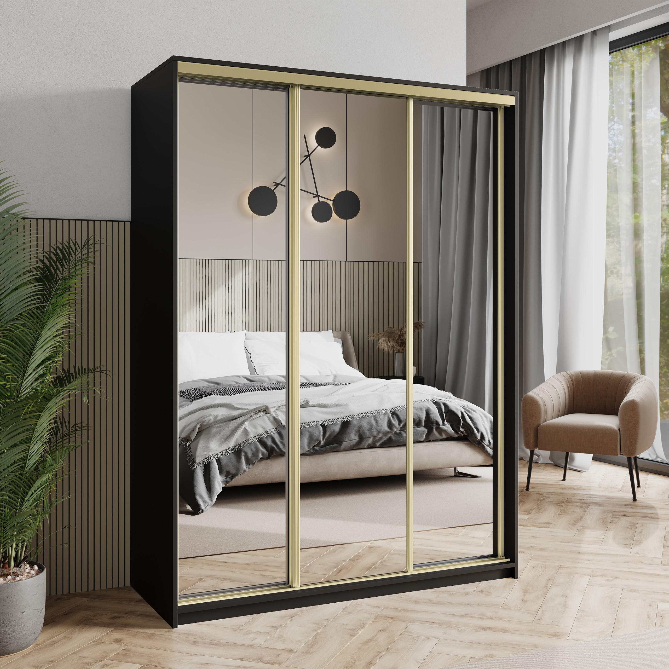 SCHWEBETÜRENSCHRANK RIEN 150/205/60 cm 3-türig mit Spiegel Schwarz - Schwarz, Holzwerkstoff (150/205/60cm) - MASSENO