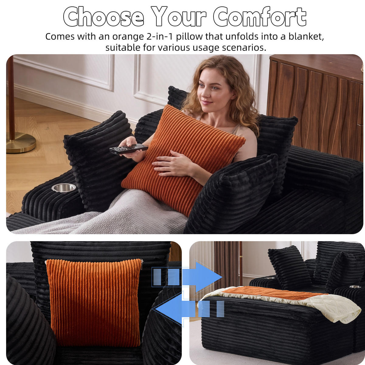 SCHLAFSOFA mit Chaiselongue, 3 Kissen, Cord, Schwarz - Schwarz, Kunststoff (112/63/165cm) - Meubliv