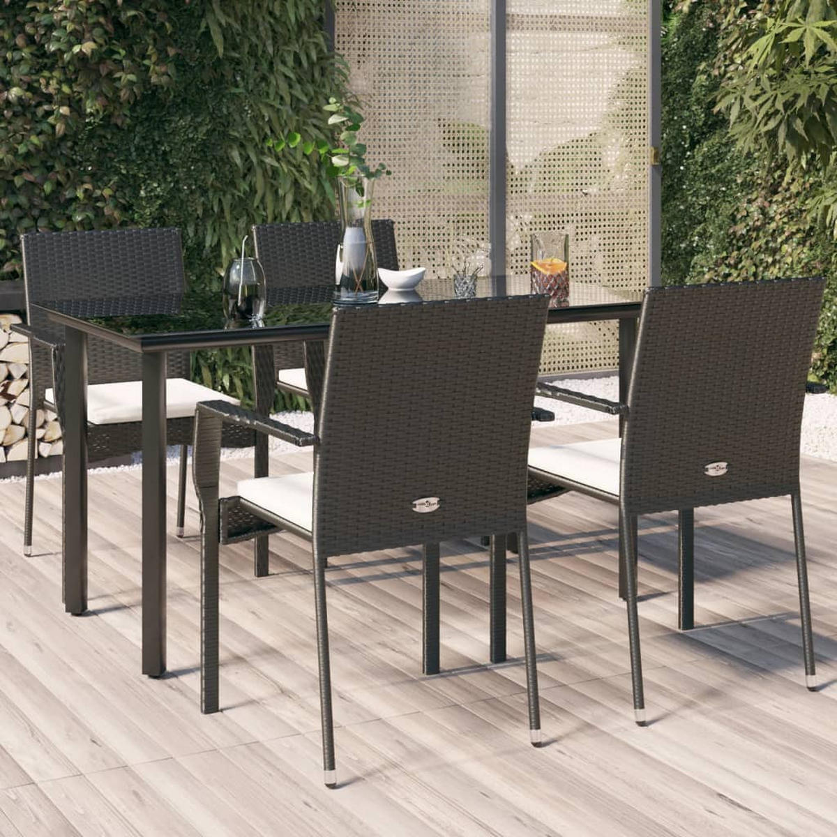 GARTEN-ESSGRUPPE 5-TLG. Mit Kissen Schwarz Poly Rattan - Creme/Schwarz, Kunststoff - vidaXL