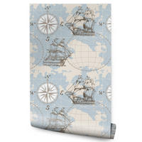 VLIESTAPETE Segelschiffe, Weltkarte und Kompass – Hellblau, Beige – 50x1000 cm - Beige/Hellblau, Papier (50/1000cm) - Muralo