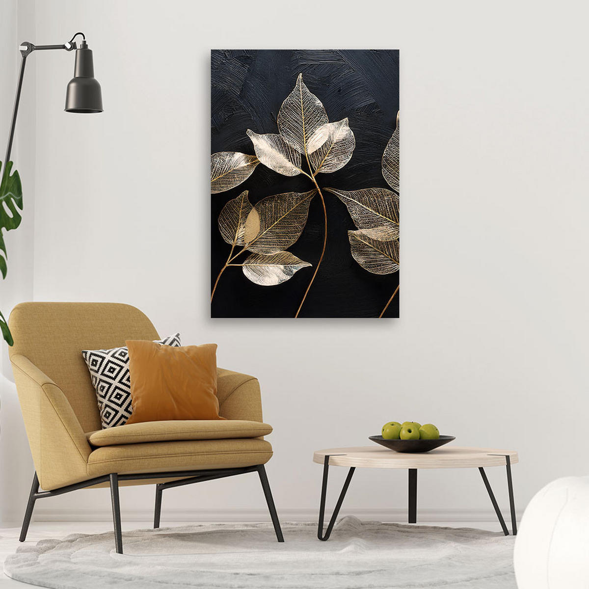 LEINWANDBILD Minimalismus hinterlässt Pflanzen Glamour-Abstraktion 40x60cm - Goldfarben, Textil (40/60cm) - Feeby