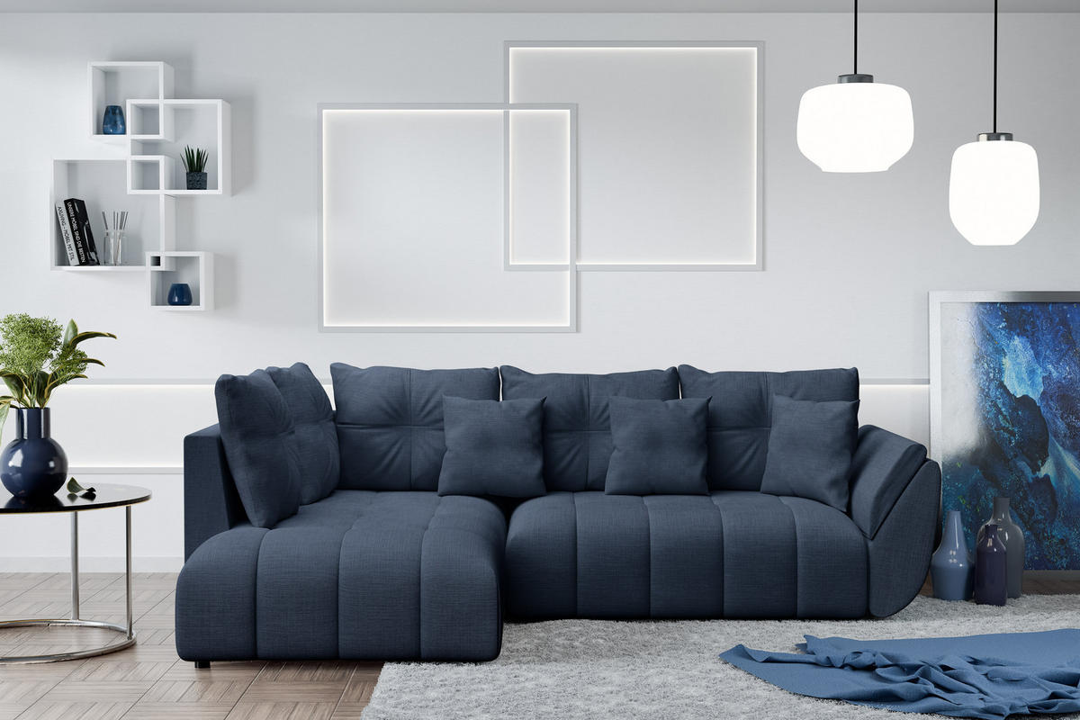 ECKSOFA L Form Corleone Blau 266/190/91 cm mit Schlaffunktion - Blau/Schwarz, Kunststoff/Textil (266/182cm) - AX Living
