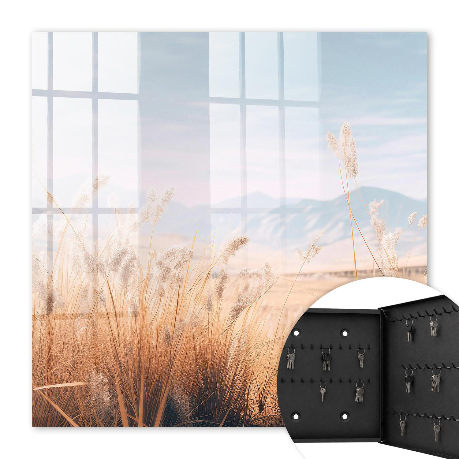 SCHLÜSSELBOX Schwarz 30x30 cm- Türöffnung nach rechts - Graslandschaft - Beige, Metall (30/30/5cm) - TULUP