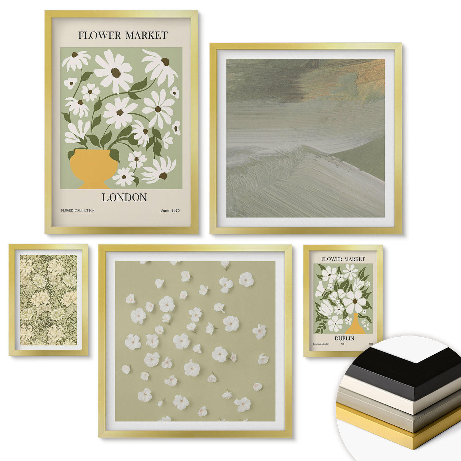 WANDBILDER 5er Set - 50x50 cm & 20x30 cm & 40x60 cm Goldrahmen - Florale Abstraktionen im Boho-Stil - Goldfarben, Kunststoff (40/60cm) - ArtPrintCave