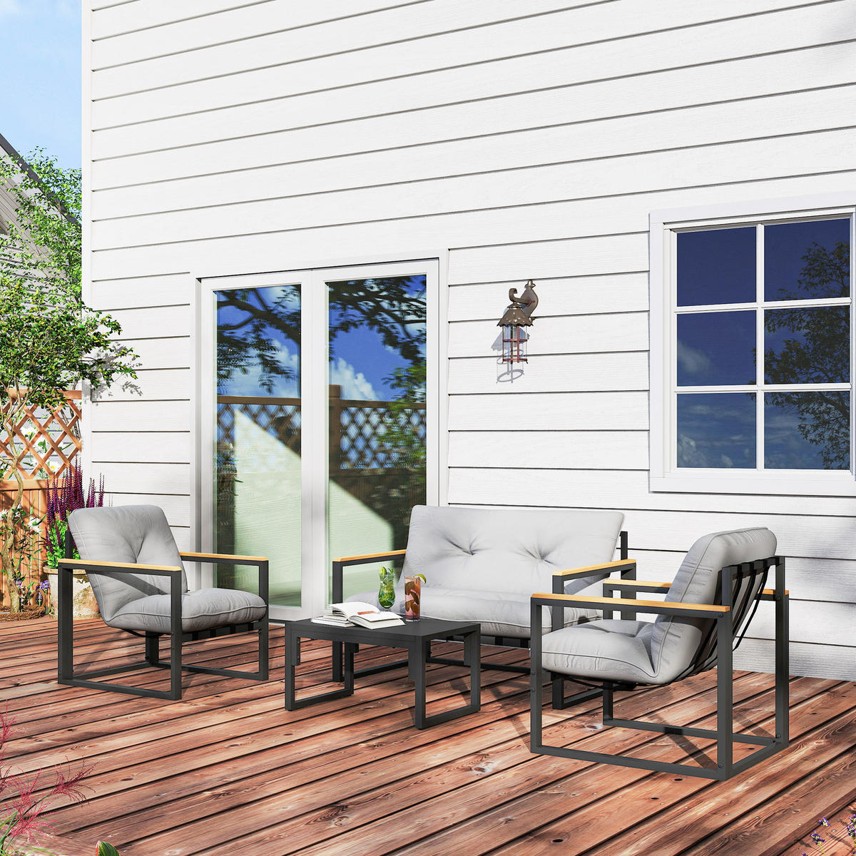 GARTENMÖBEL-SET DE-06542 4-tlg. mit Sofa & Sesseln Hellgrau - Hellgrau, Textil/Metall - ComfortXL