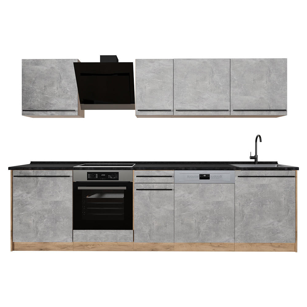 KÜCHENZEILE R-Line, Beton/Goldkraft Eiche, 280 cm ohne Arbeitsplatte - Honigeiche/Grau, Holzwerkstoff (280/206.8/46cm) - Vicco