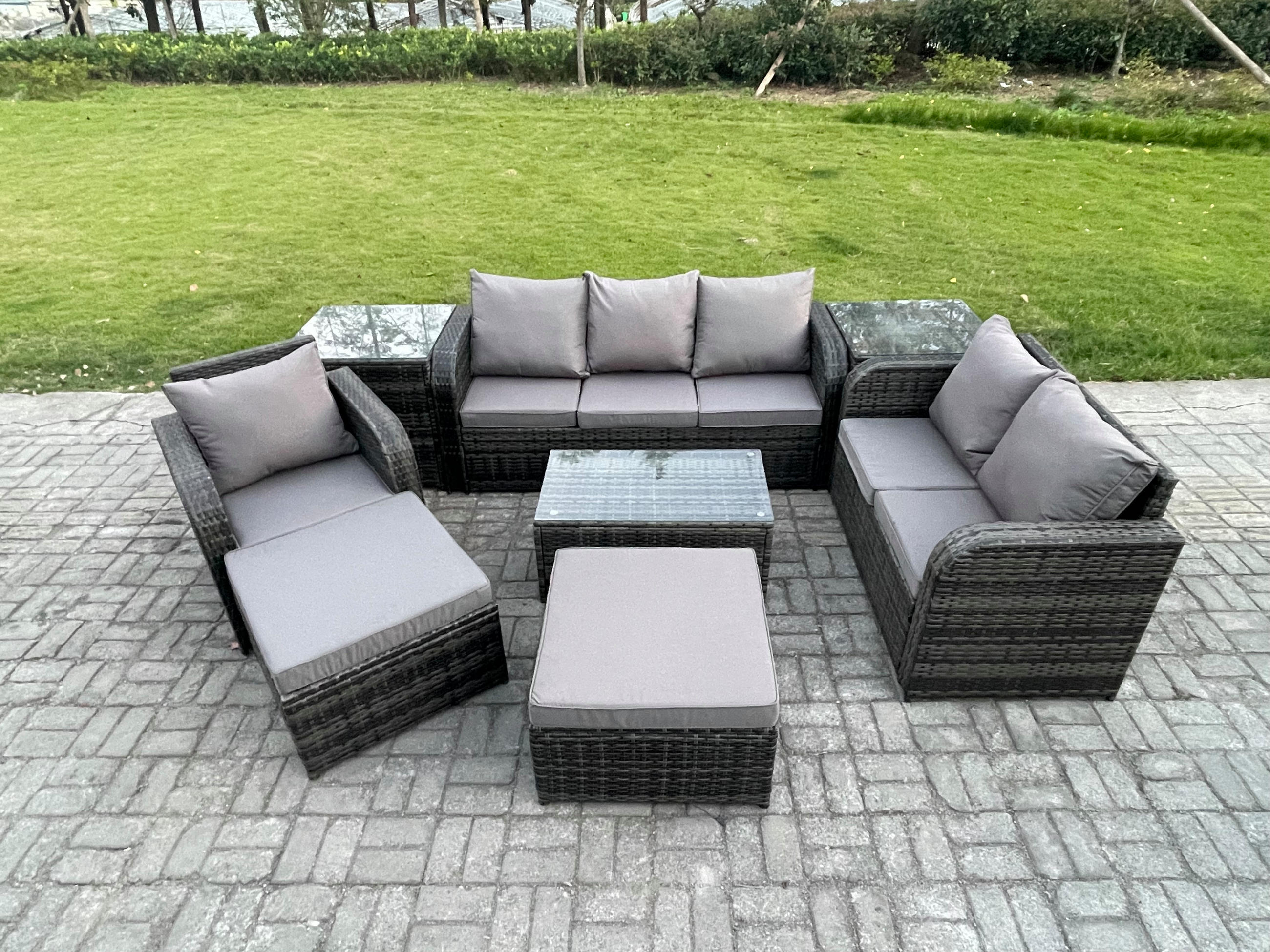 GARTENSET Polyrattan Dunkelgrau 6-Sitzer - Dunkelgrau/Grau, Glas/Kunststoff - Fimous