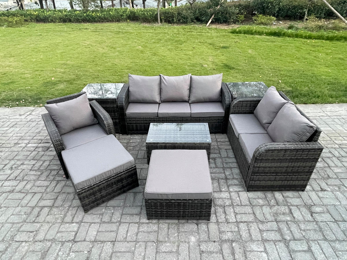 GARTENSET Polyrattan Dunkelgrau 6-Sitzer - Dunkelgrau/Grau, Glas/Kunststoff - Fimous