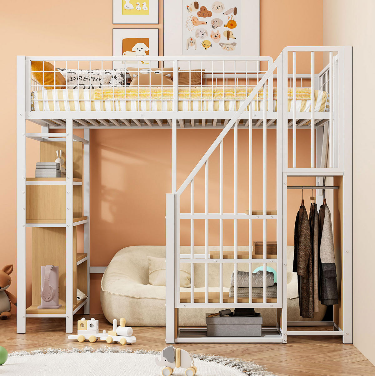 HOCHBETT 90/200 cm in Weiß – mit Stauraumtreppe und offenem Unterbau - Weiß, Metall (90/200cm) - BEAOK