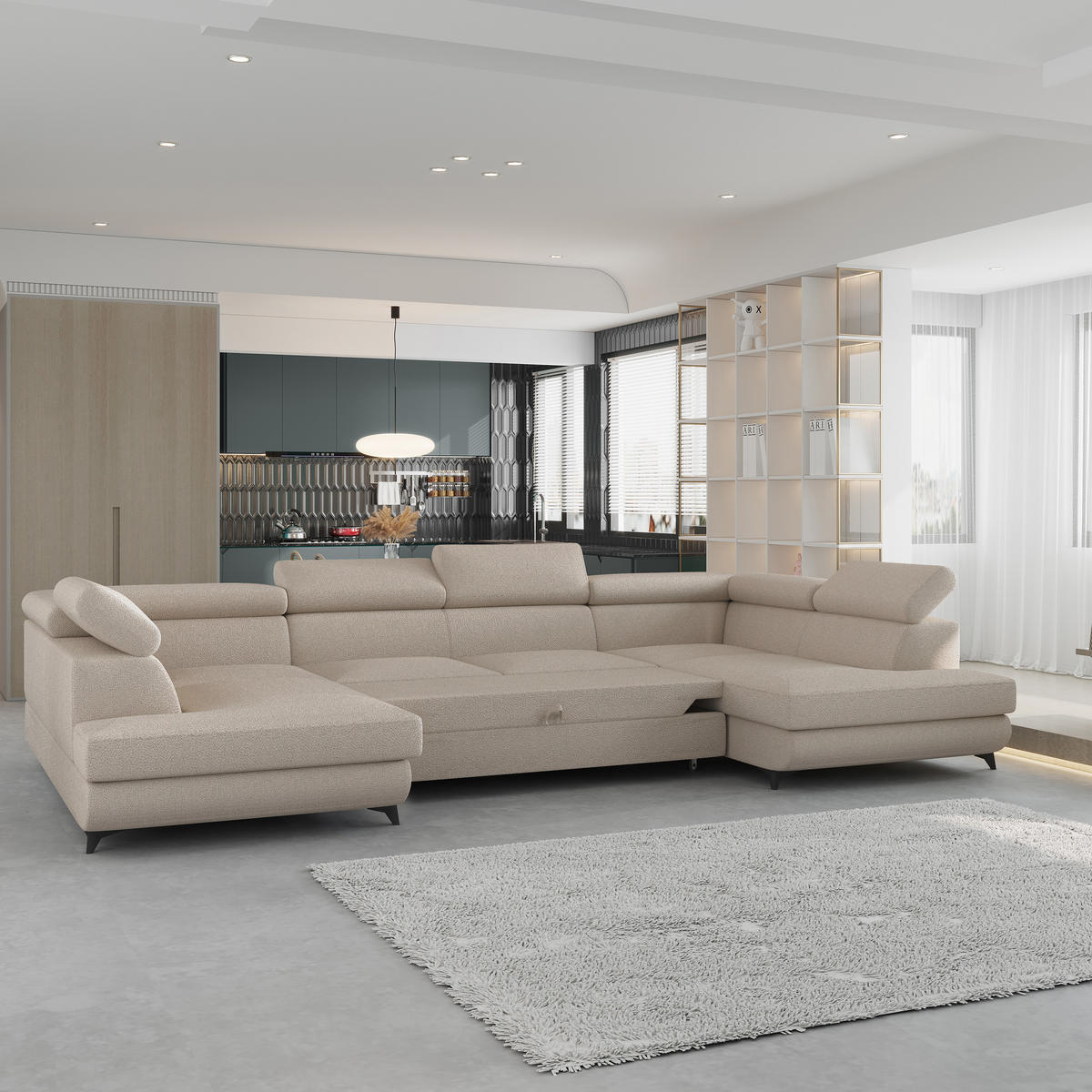 WOHNLANDSCHAFT VINTESSA Beige Boucle-Stoff mit Schlaffunktion - Beige, Holz (323/89/190cm) - MASSENO