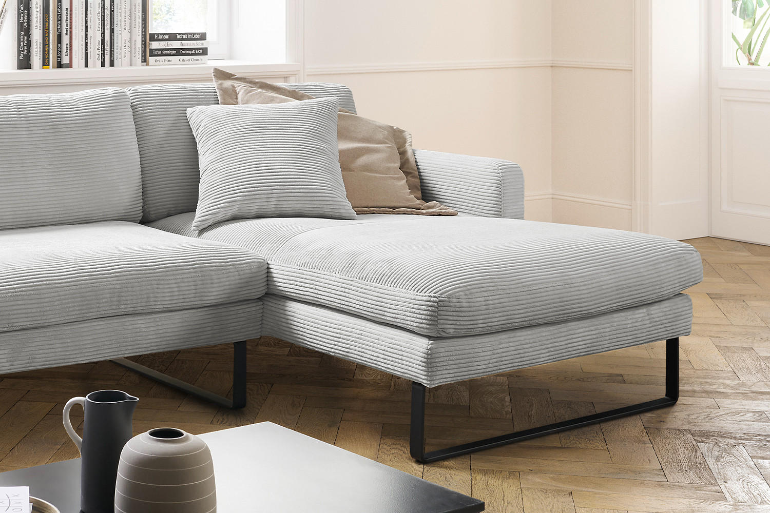 ECKSOFA RICARDA Hellgrau Cord - Hellgrau/Schwarz, Textil/Metall (298/154cm) - KAWOLA
