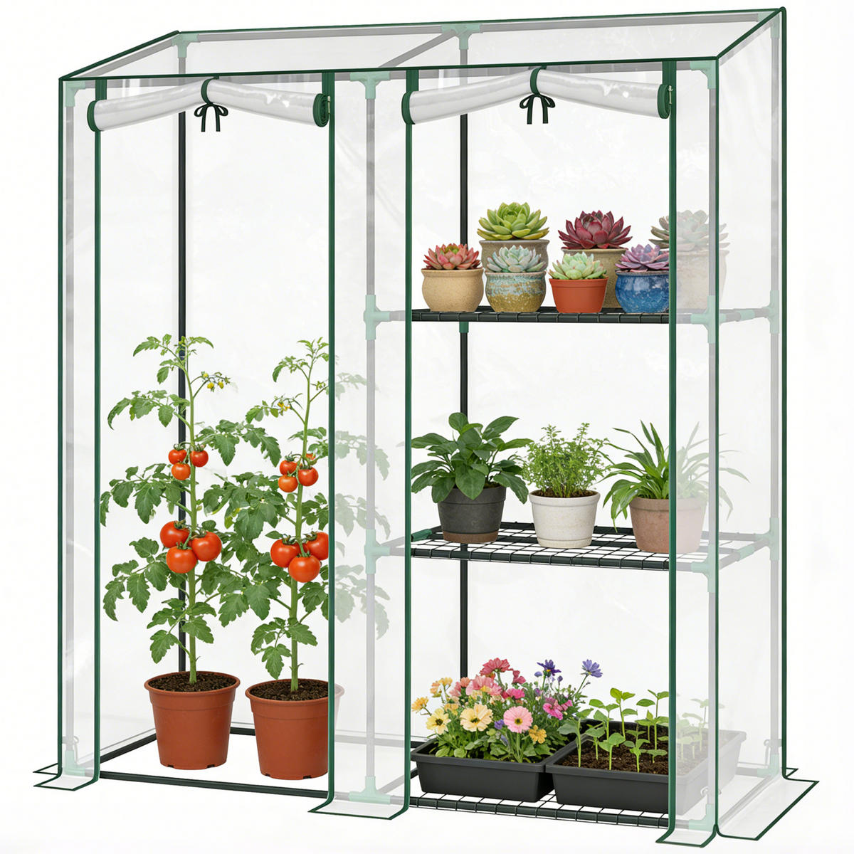 GEWÄCHSHAUS DE-12090 mit 3 Etagen & 2 Rolltüren Transparent - Transparent, Kunststoff (45/151/143cm) - ComfortXL
