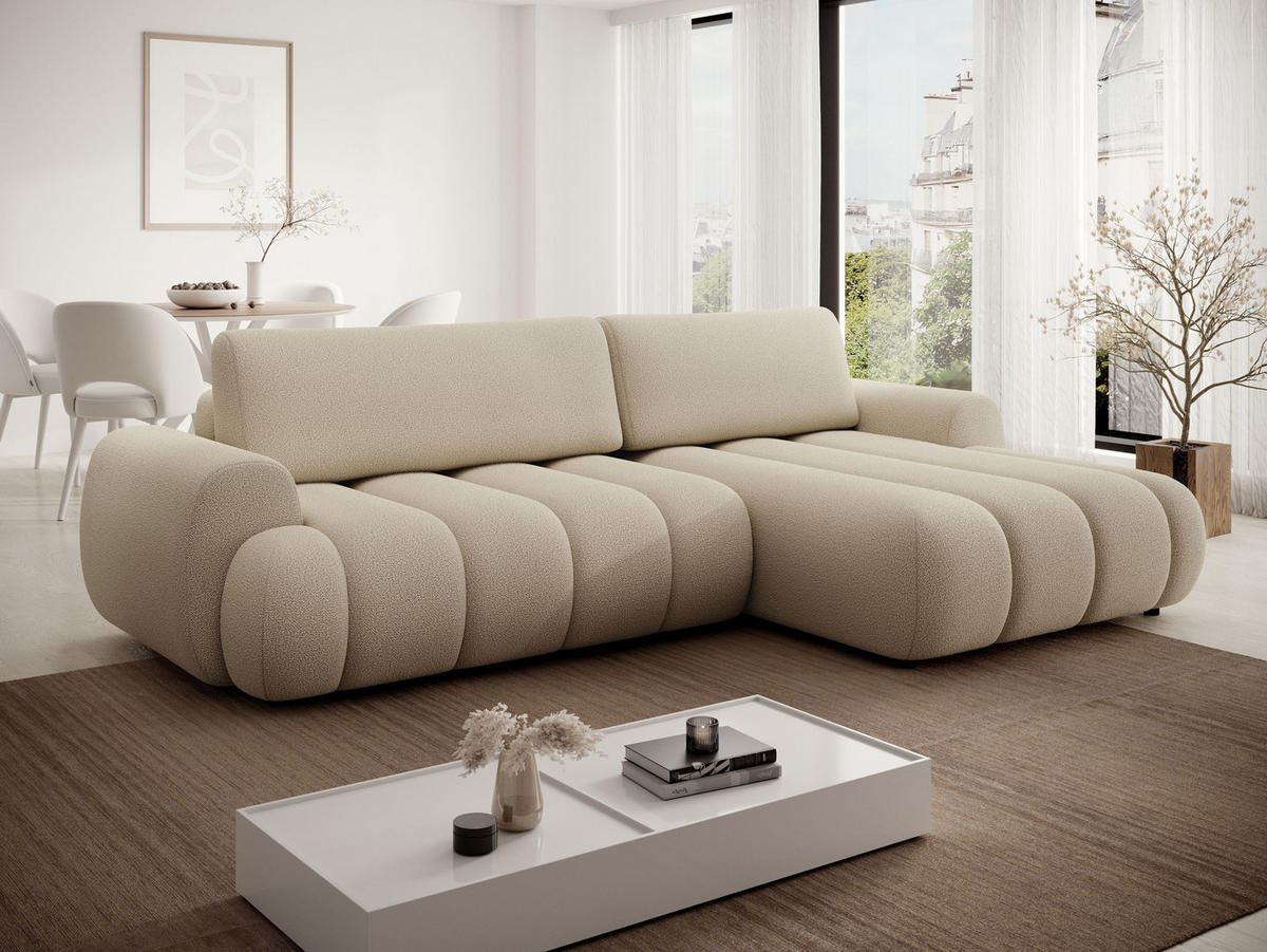 ECKSOFA SITO Creme Geflochtener Stoff mit Schlaffunktion - Creme, Holz (272/168cm) - MASSENO