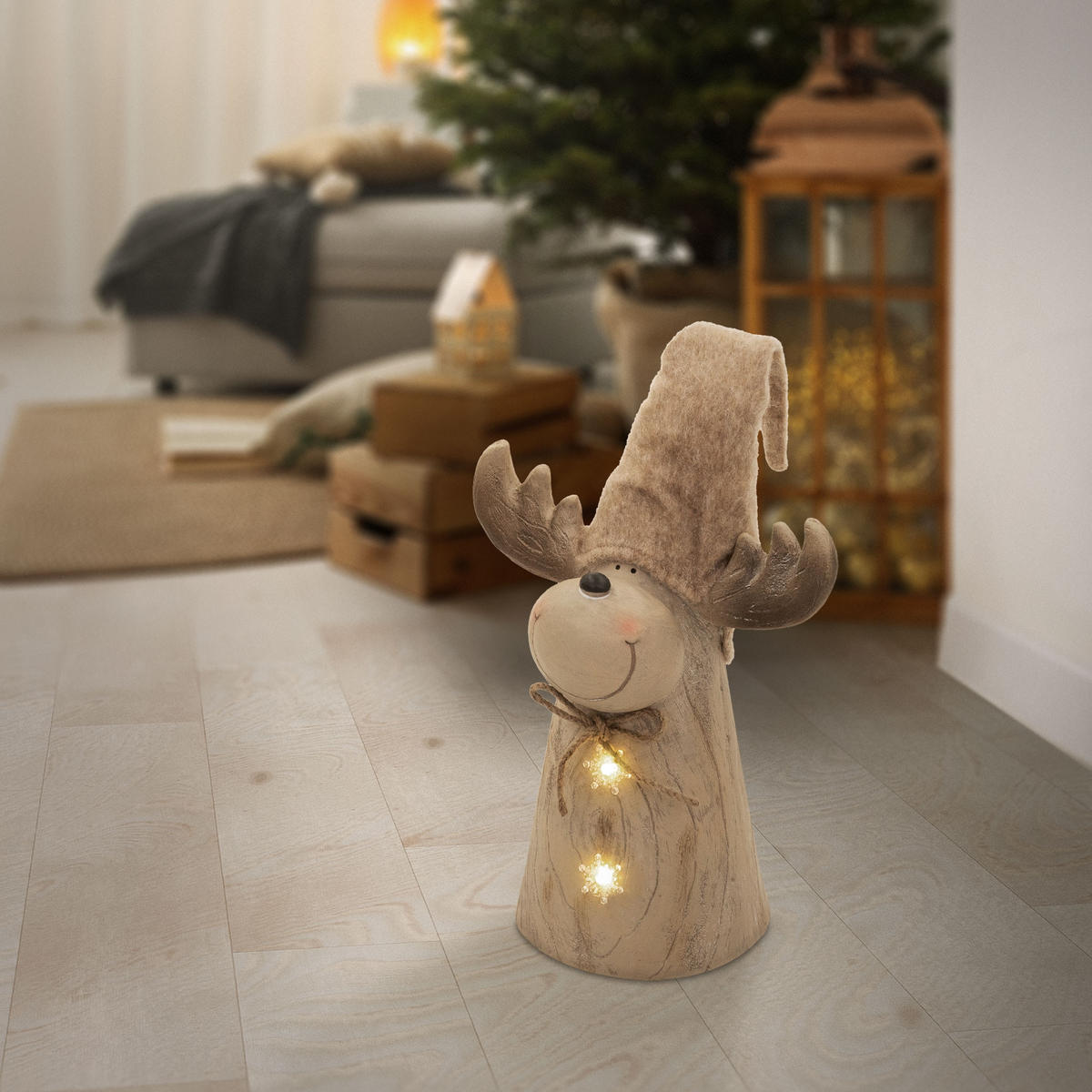 FIGURKA VÁNOČNÍHO SOBÍKA s LED osvětlením, vánoční dekorace do interiéru, výškově nastavitelná 45–63 cm, hnědá, vzhled dřeva - hnědá, kámen (30/63/21cm) - ECD-Germany