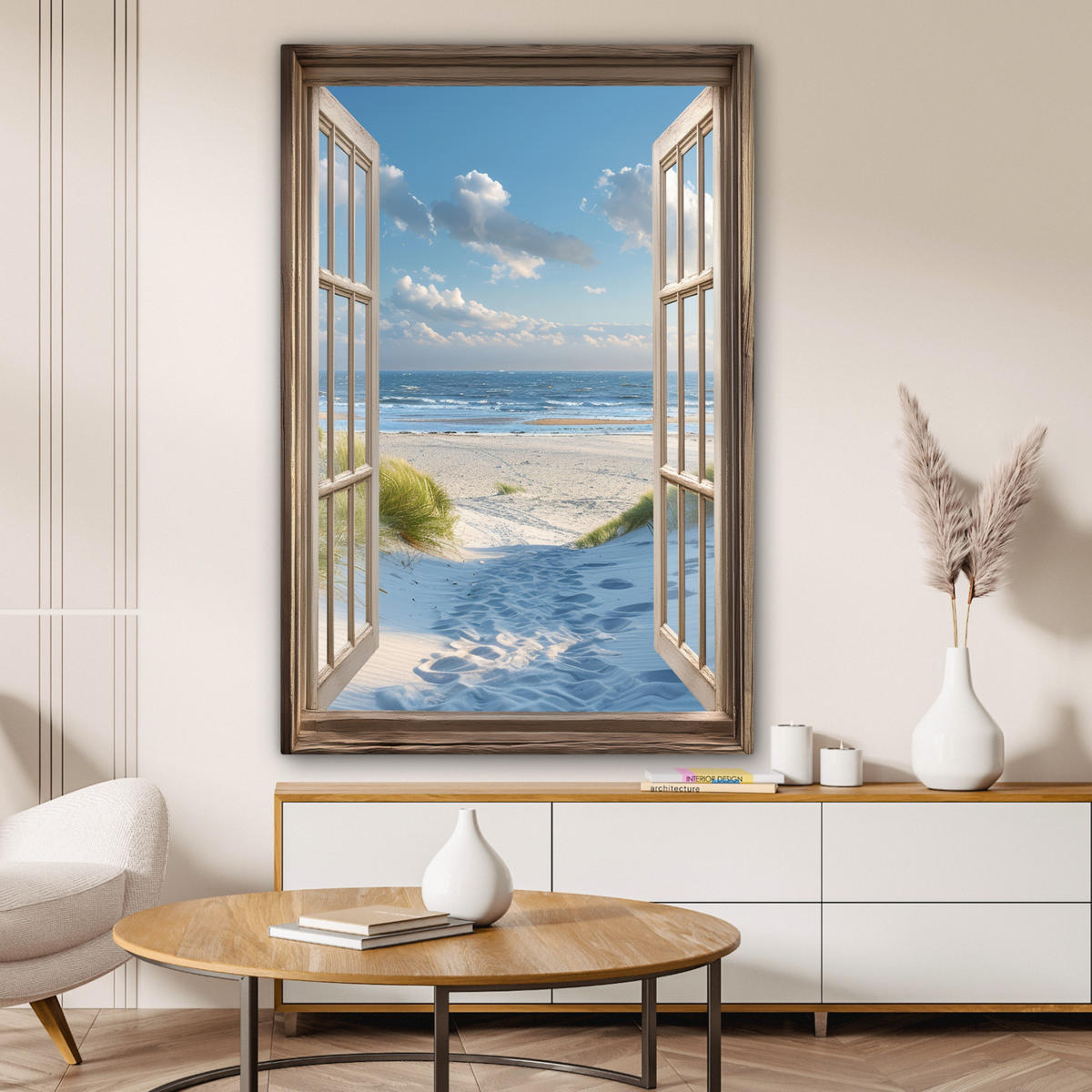 LEINWANDBILD Aussicht - Strand - Fenster - Dünen - Meer 80x120 cm - Hellblau, Textil (80/120cm) - MuchoWow