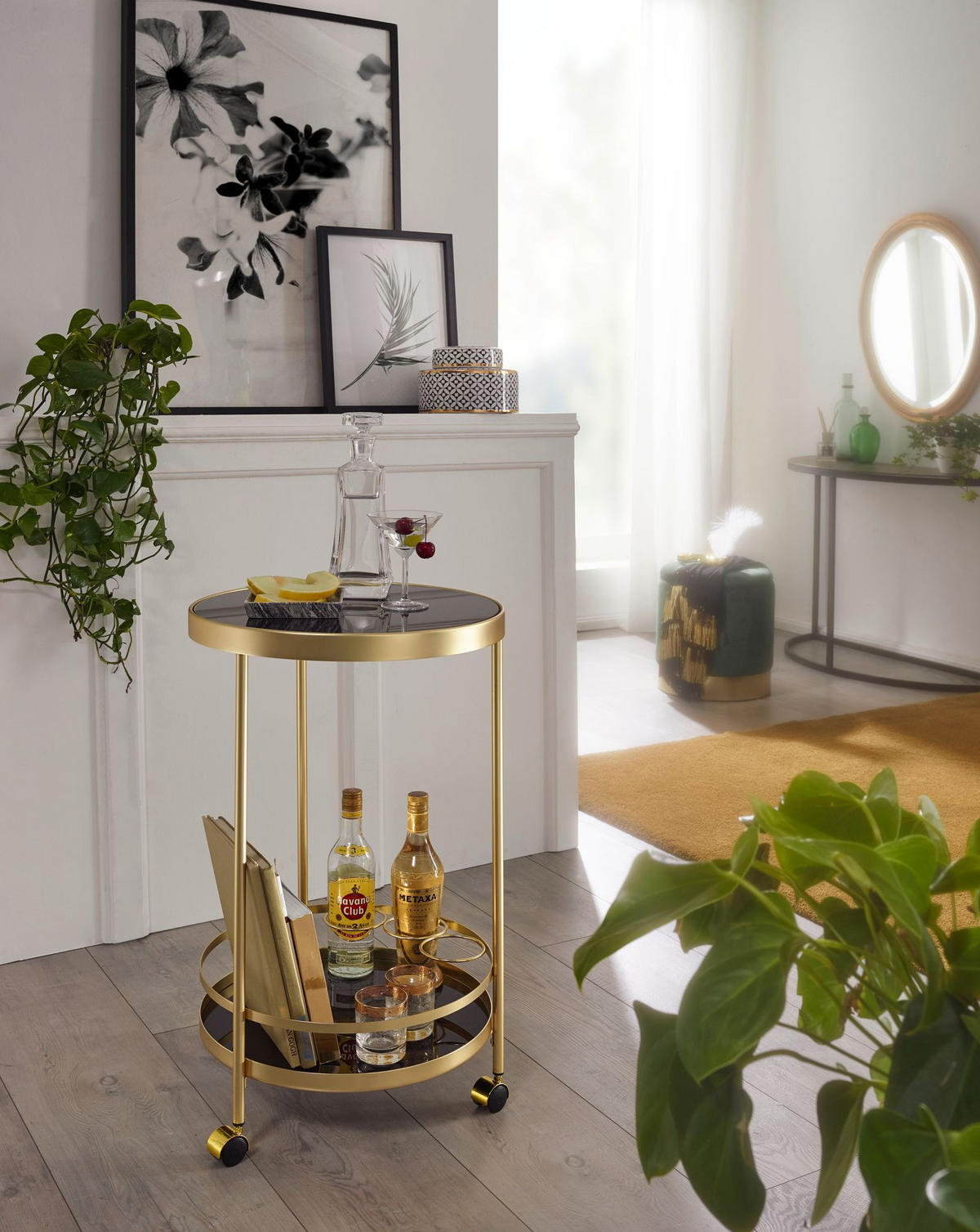 SERVIERWAGEN – Gold, Schwarzglas, auf Rollen - Goldfarben, Glas/Metall (45/76/45cm) - KADIMA DESIGN
