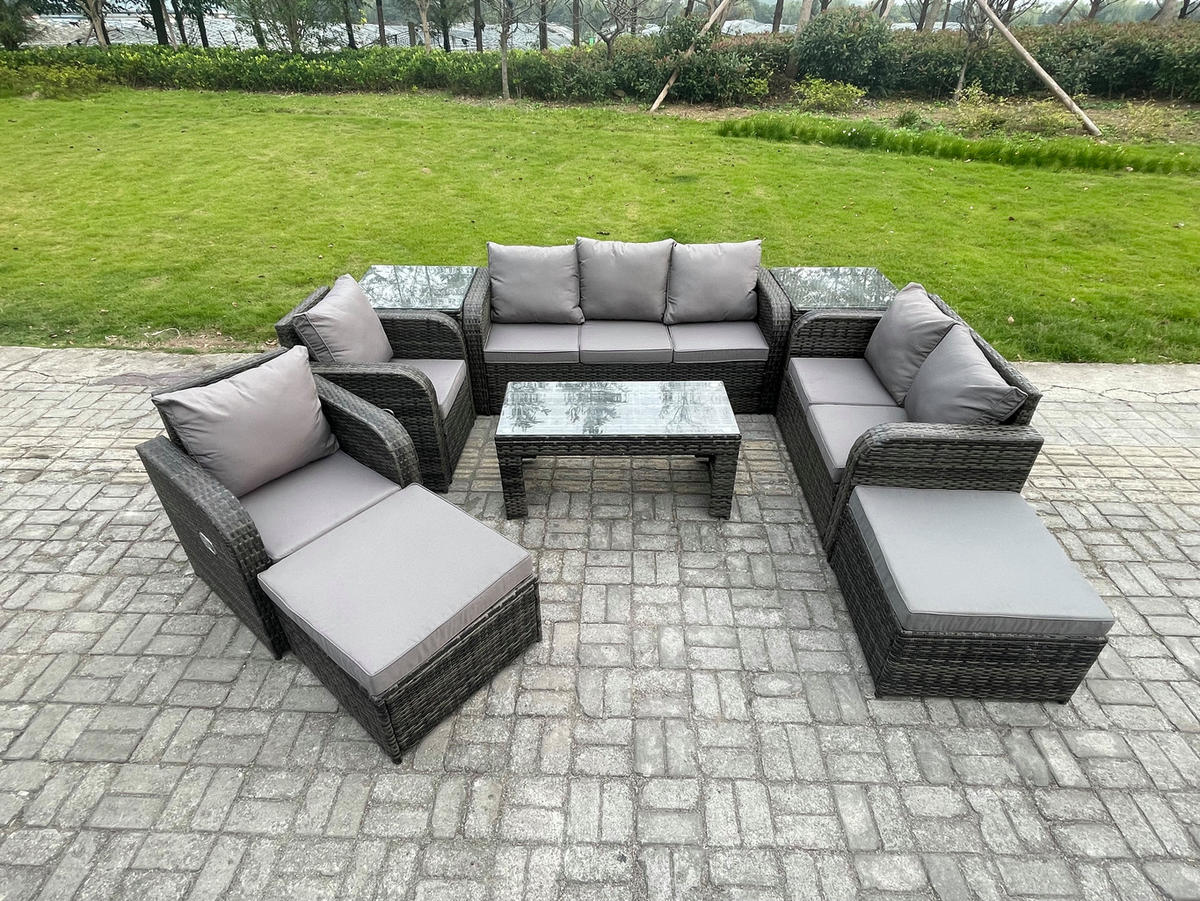 GARTENSOFA SET mit rechteckigem COUCHTISCH Polyrattan 9-Sitzer Dunkelgrau - Dunkelgrau/Grau, Glas/Kunststoff - Fimous
