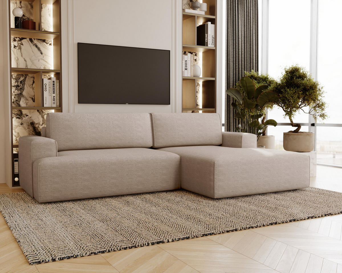 ECKSOFA L-Form 270 cm Boston mit Bettkasten, Schlaffunktion, Rechts, Beige - Beige, Holz (270/165cm) - Emporius