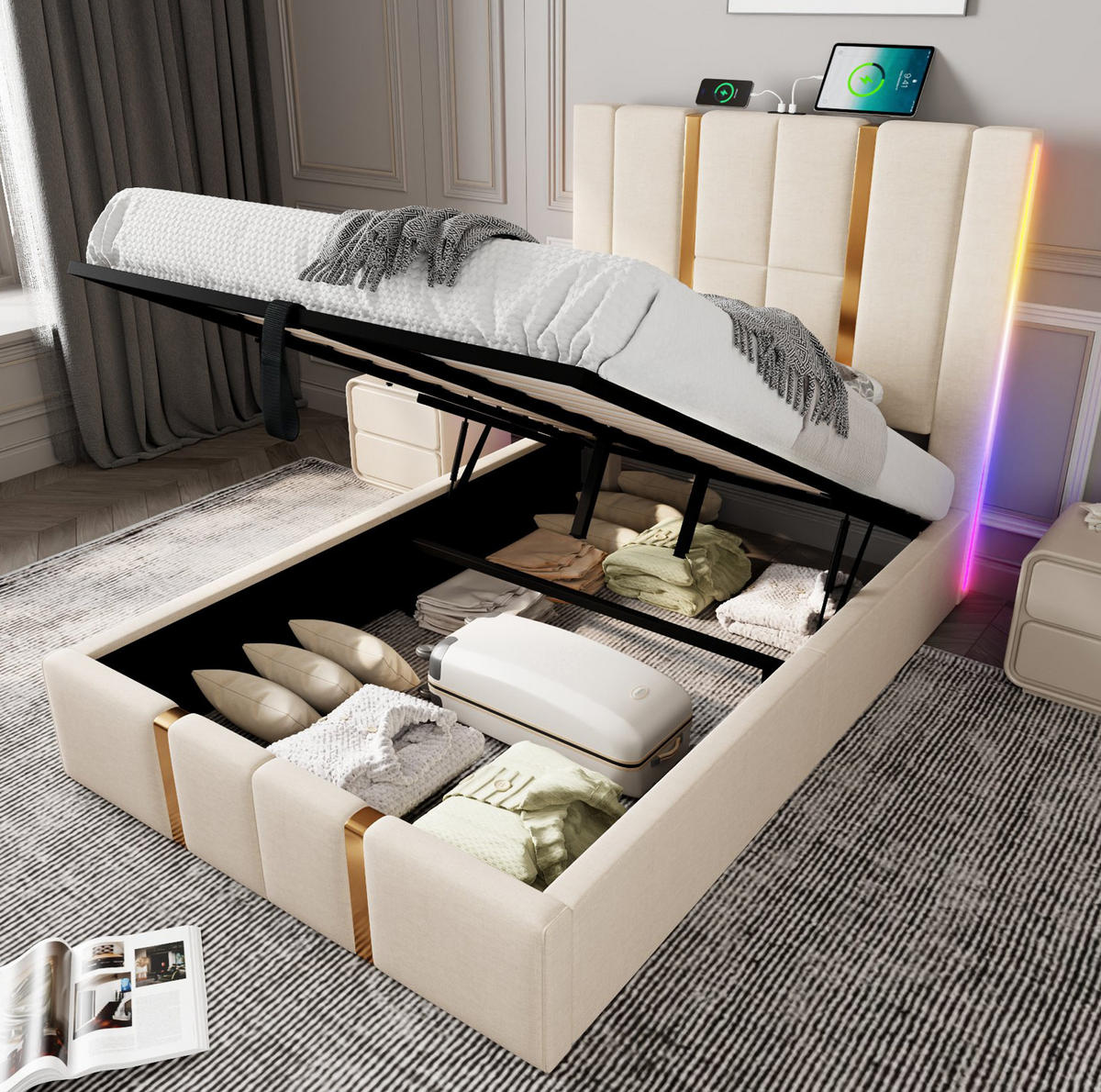 POLSTERBETT 90/200 cm Beige mit Stauraum, LED-Beleuchtung und USB-/Type-C-Anschlüssen - Beige, Textil (90/200cm) - Flora Grace