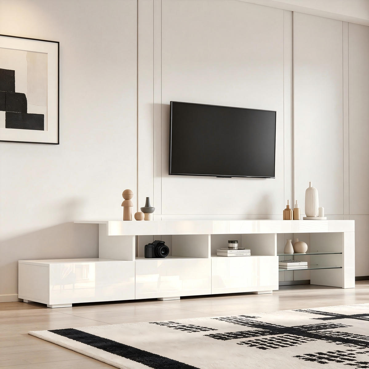 TV-RACK 180x35x45cm Hochglanz-Weiß mit App-gesteuerter LED-Beleuchtung - Weiß, Holz (42.49/10.01/162cm) - Raelunyi