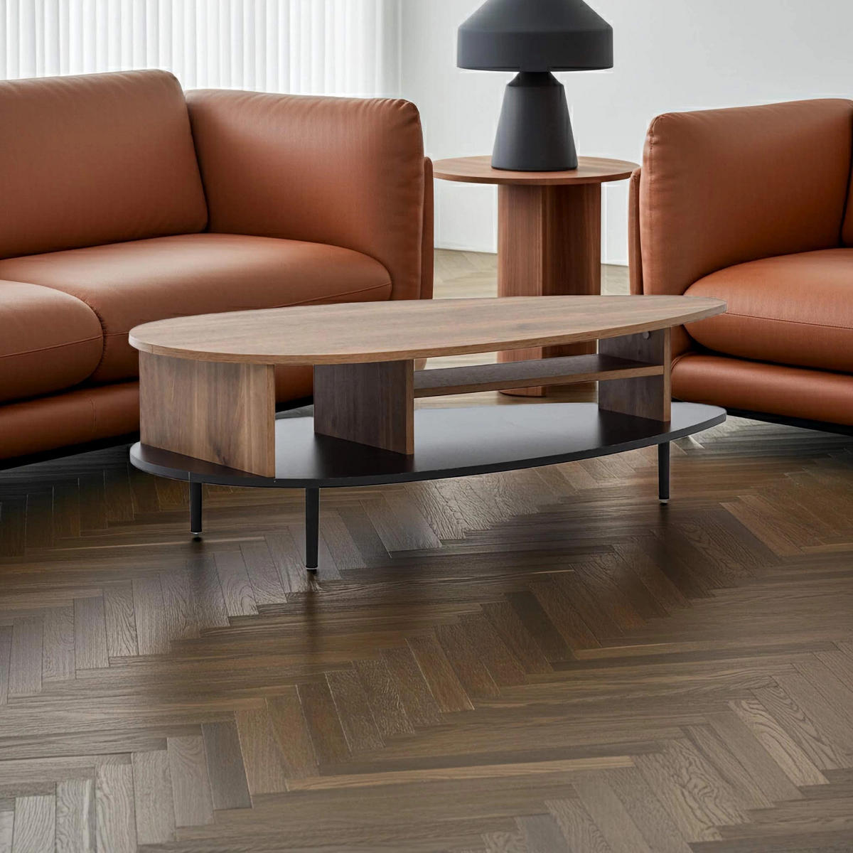 COUCHTISCH Nero 120 cm Retro-Stil Ovale Form - Hellbraun/Schwarz, Holzwerkstoff/Metall (62/119/37cm) - Ravio