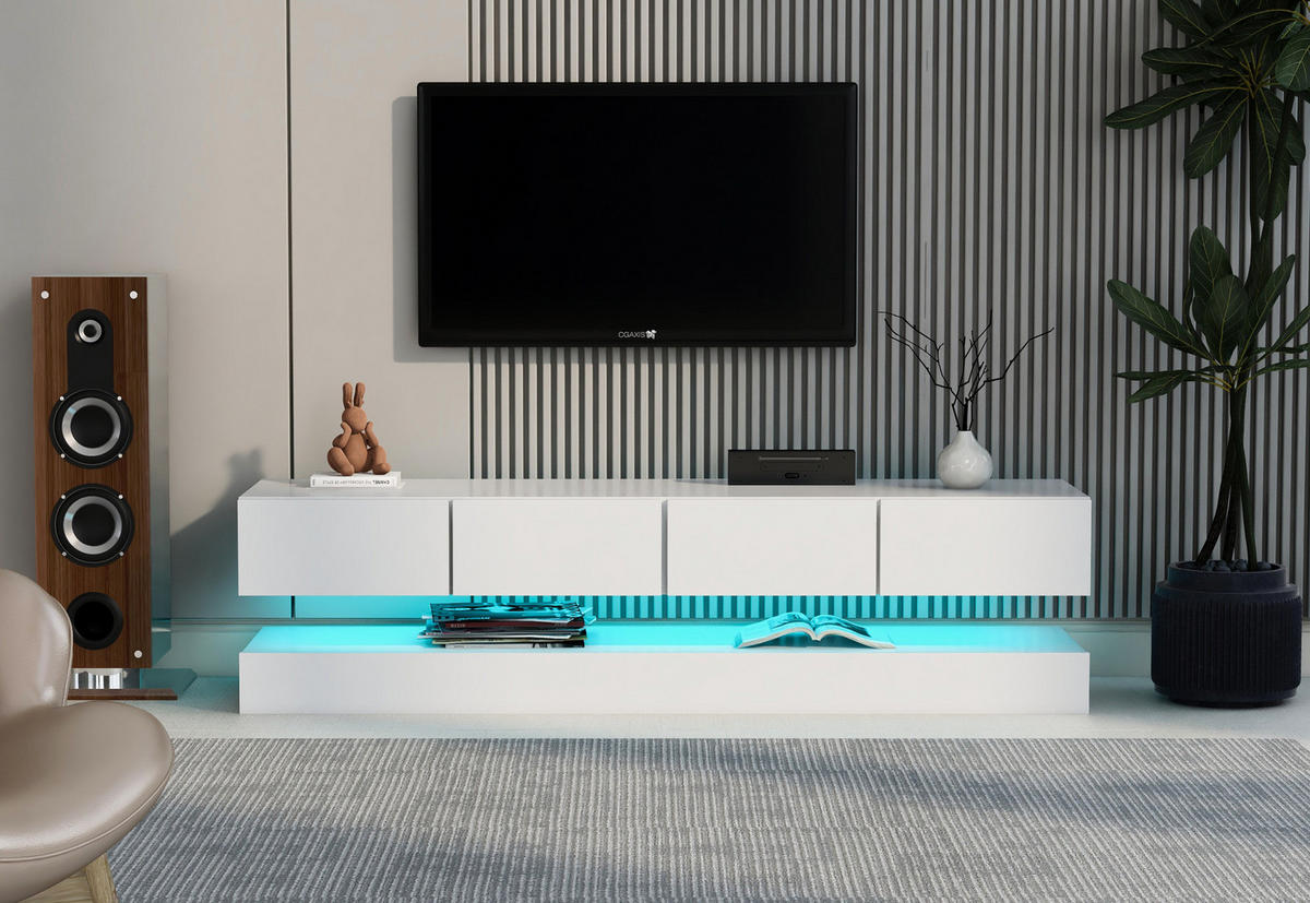NÍZKA komoda z MDF, 130/33/15 cm biely, nástenný s LED osvetlením a 4 zásuvkami - biela, kompozitné drevo (130/15/33cm) - BEAOK