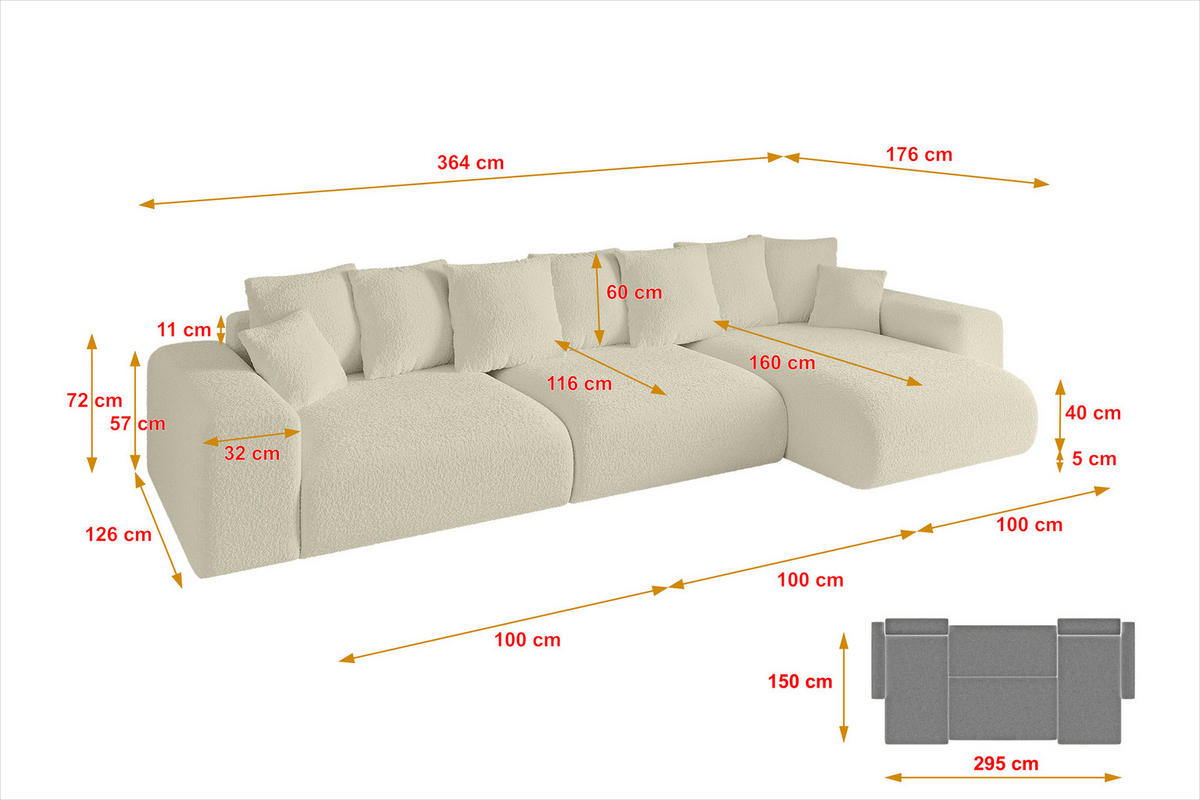 ECKSOFA Ottomane rechts ESKAR-L2 364x176x72 Creme Bouclé - Creme/Schwarz, Holzwerkstoff/Kunststoff (176/364cm) - ALTDECOR