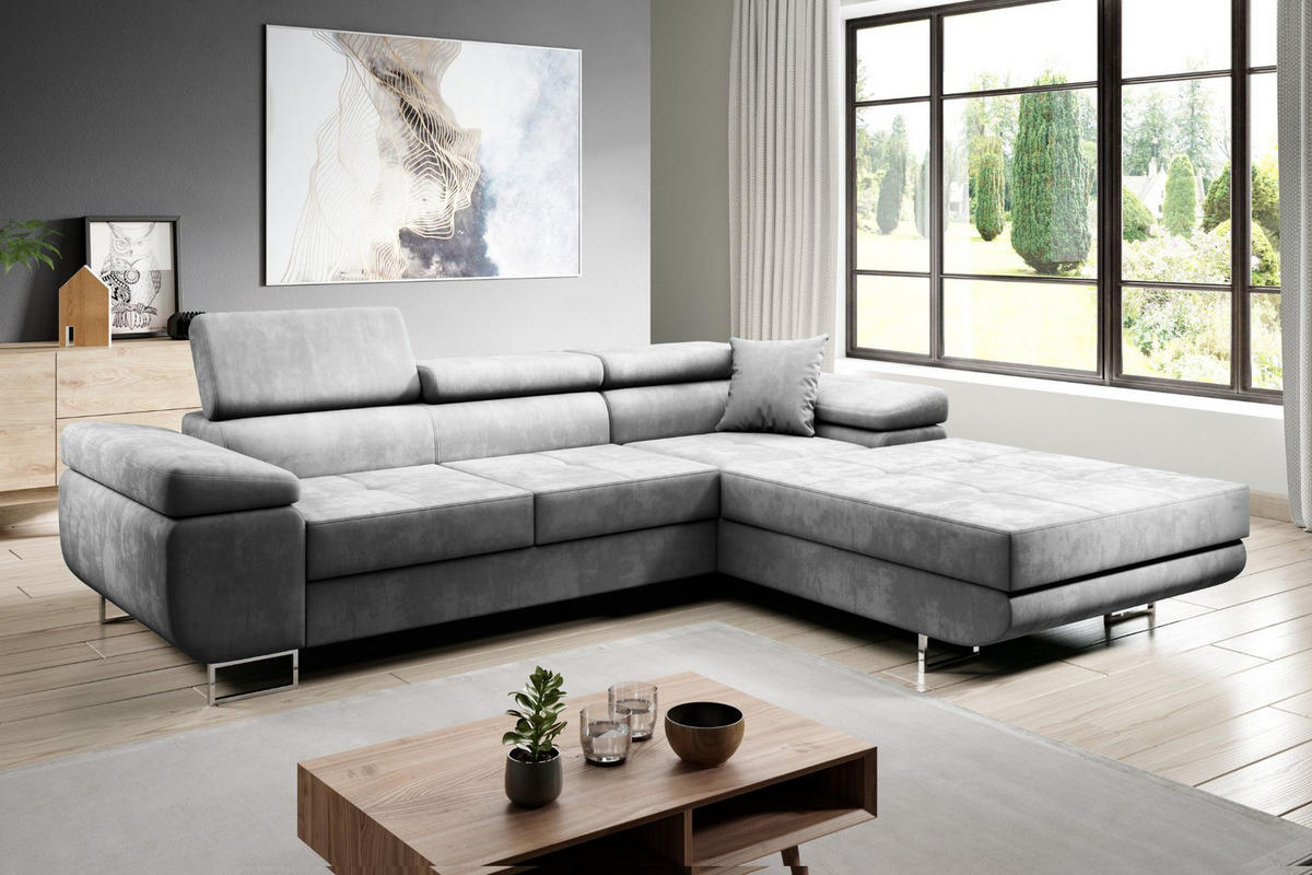 ECKSOFA ALONZO L Rechts mit Schlaffunktion 125x195 Velours Hellgrau - Silberfarben/Hellgrau, Holz/Textil (203/275cm) - Muffo