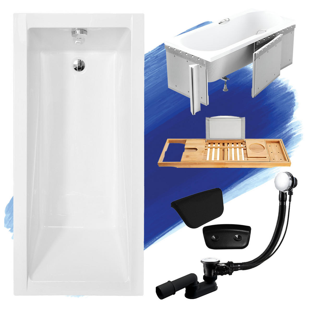 BADEWANNE Rechteck MODERN 120/70 + Styro + Ablage + Kopfstütze Ablauf Füße - Weiß, Kunststoff (70/55.5/120cm) - bad land