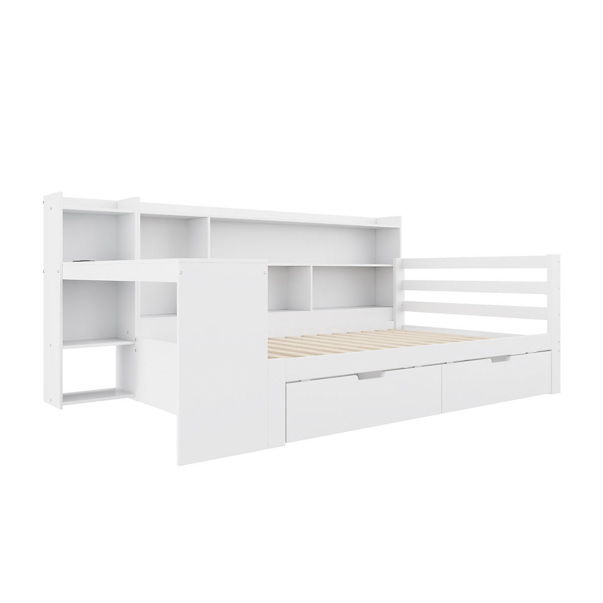 STAURAUMBETT 90/200 cm DE-01349, in Weiß, mit Schreibtisch, Steckdose und Schubladen - Weiß, Holz (90/200cm) - ComfortXL