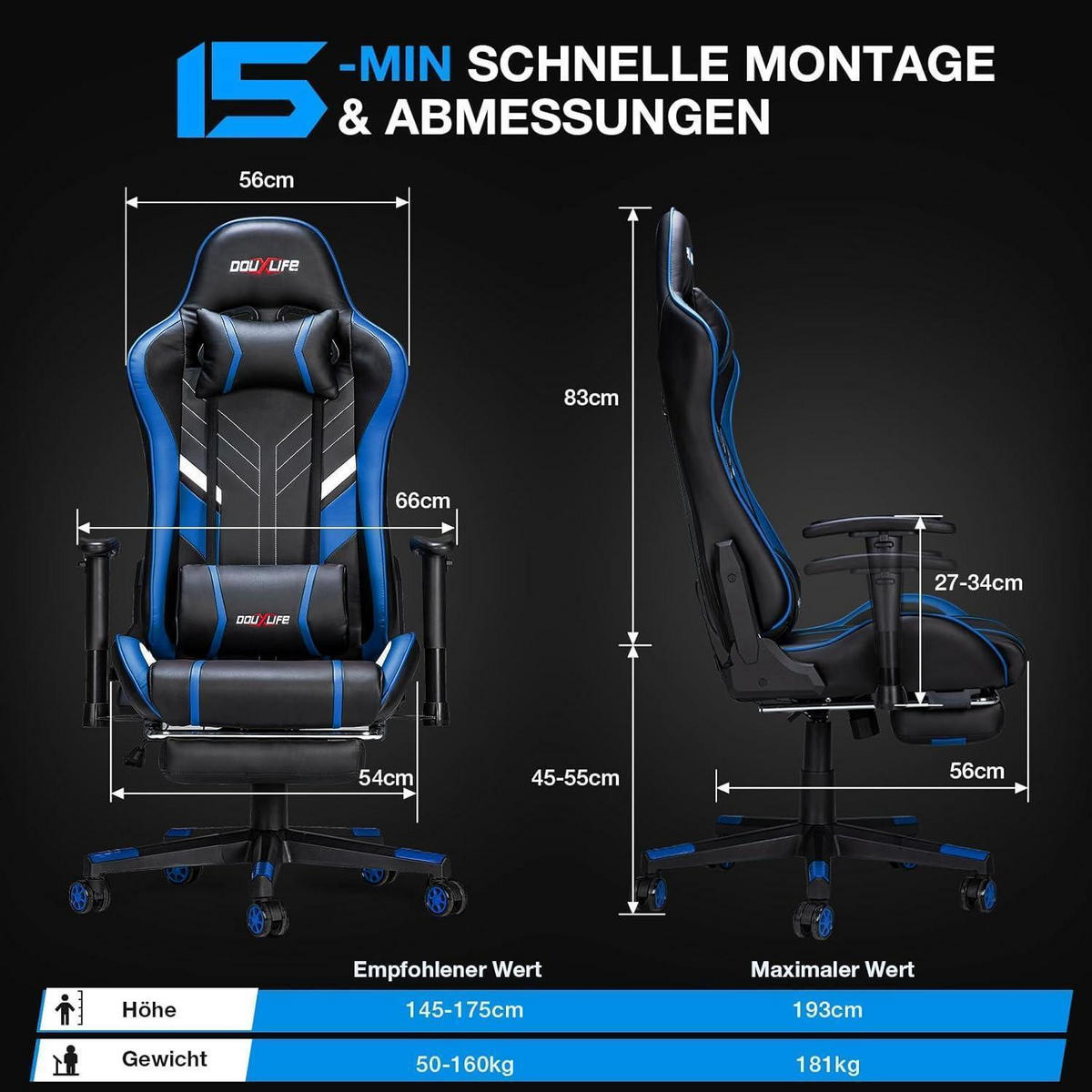 GAMING Stuhl mit Massagefunktion und Fußstütze Schwarz Blau - Multicolor, Kunststoff (32/55/82cm)