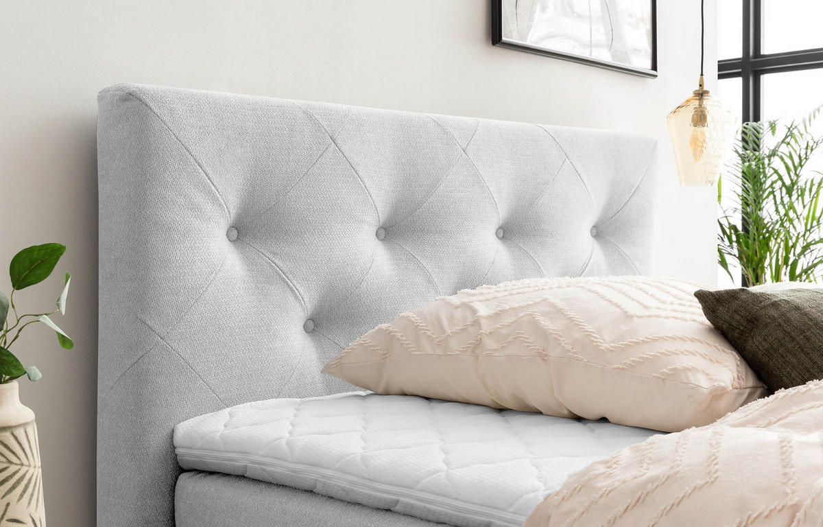BOXSPRINGBETT MARBO 140x200 Weissgrau H2 und H3 mit Bettkasten 7-Zonen Taschenfederkern Matratze inkl. Visco Topper und Eiche - Weiß, Textil (140/200cm) - Belanoti